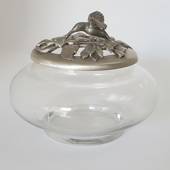Seagull Canada Etain Pewter Zinn Hummingbird Potpourri Glass Bowl Vintage 1992 - Picture 1 of 8